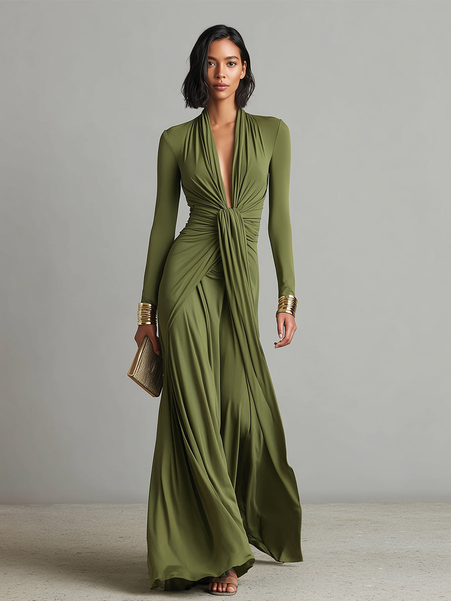 Dames Olijfgroene Zijdeachtige Rekbare Jurk Met Diepe V-hals & Rimpeldetail, Glamoureuze Maxi Jurk