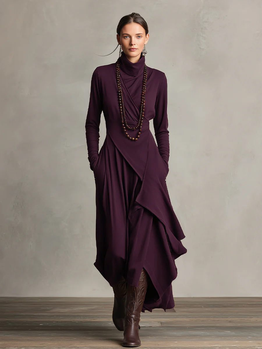 Dames Paarse Boheemse Katoenen Stretch Col Asymmetrische Geplooide Maxi Jurk