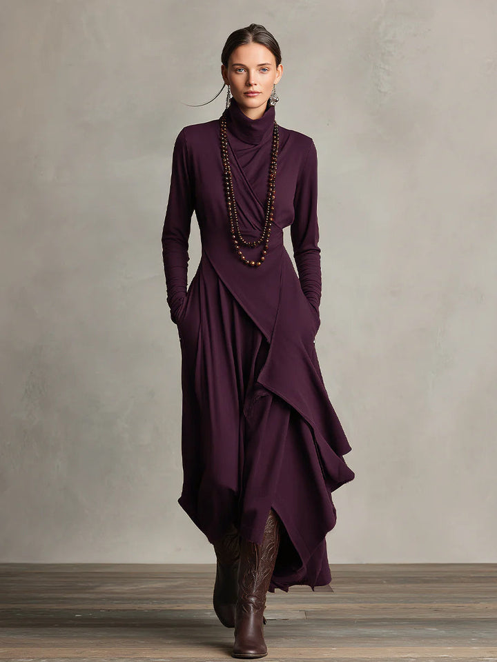 Dames Paarse Boheemse Katoenen Stretch Col Asymmetrische Geplooide Maxi Jurk
