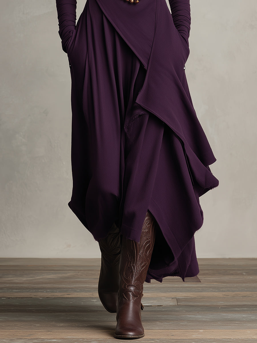 Dames Paarse Boheemse Katoenen Stretch Col Asymmetrische Geplooide Maxi Jurk