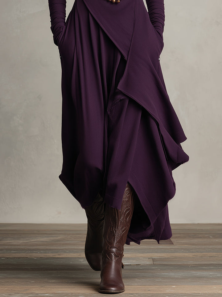 Dames Paarse Boheemse Katoenen Stretch Col Asymmetrische Geplooide Maxi Jurk