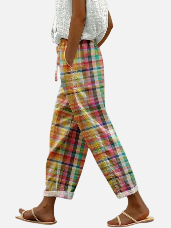 Dames geruite broek met koord in de taille en zijzakken