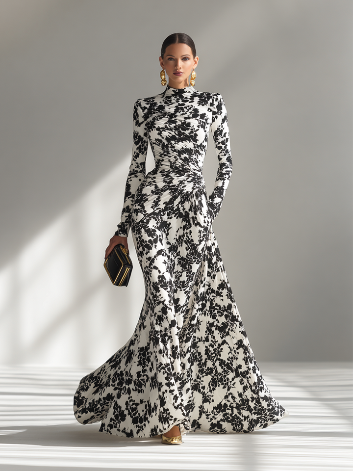 Dames Zwart-Wit Patroon Stretch Blend Wikkeljurk