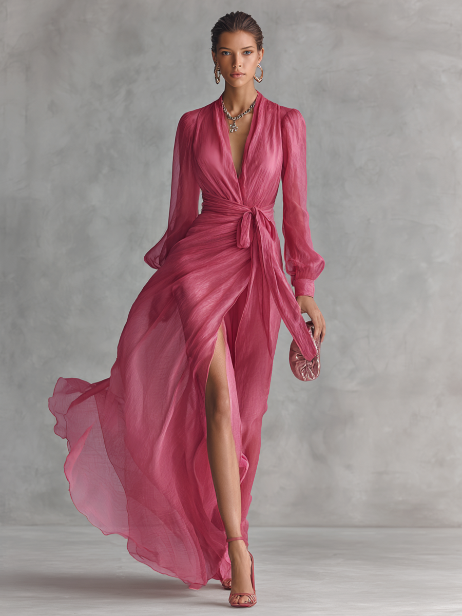 Vrouwen Elegante Roze Parels Chiffon V-hals Taille-tie Lange Jurk