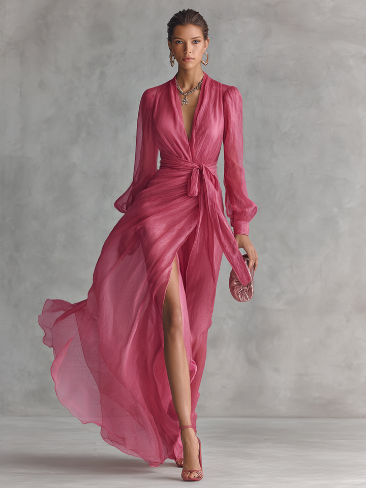 Vrouwen Elegante Roze Parels Chiffon V-hals Taille-tie Lange Jurk