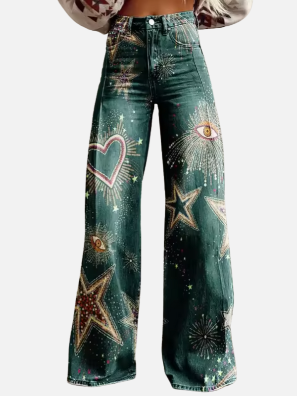 Dames All-Seizoen Baggy Denim Jeans met Prints en Hoge Taille