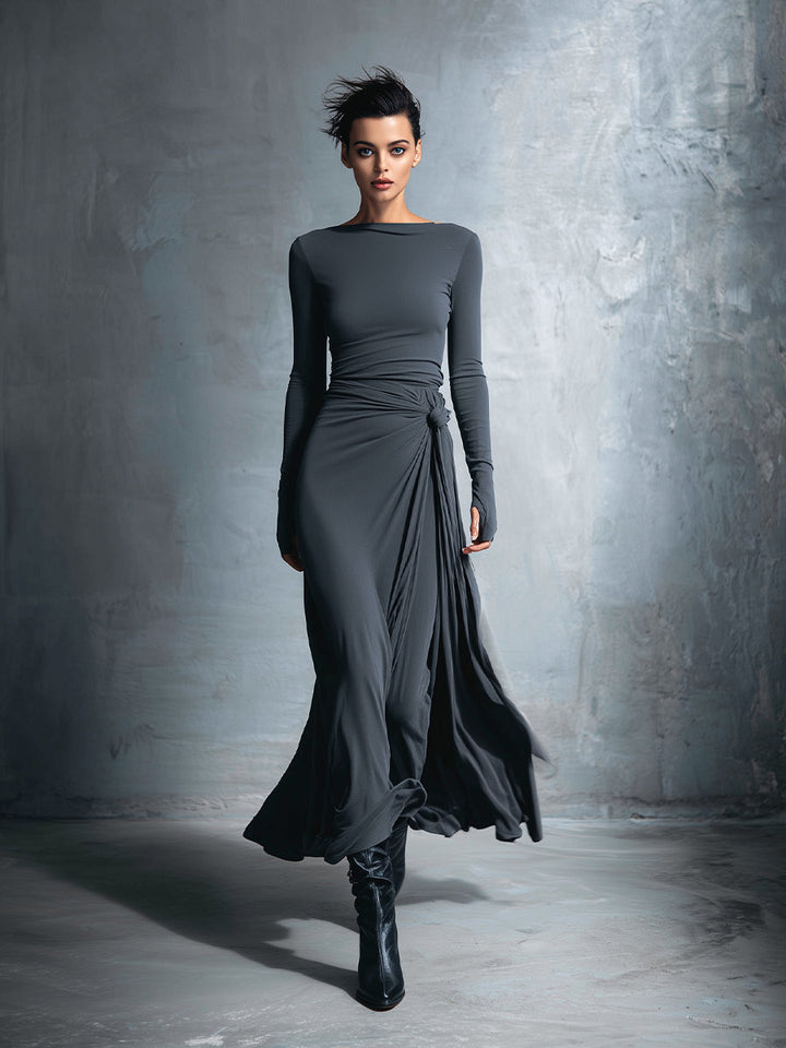 Dames Grijze Exquisite Stretch Gemengde Stof Wikkeljurk - Geknoopte Maxi Jurk