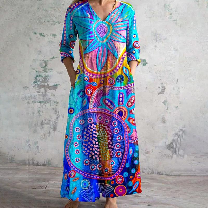 Dames Boho Maxikleed met Abstracte Patronen en Zakken