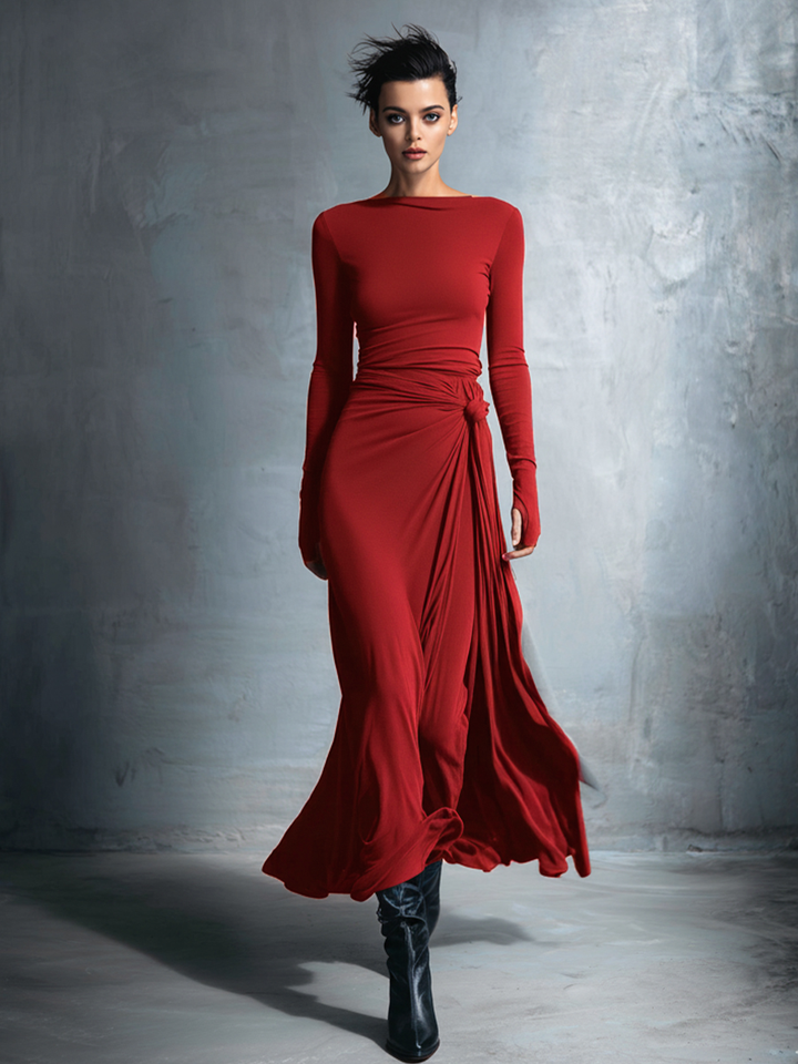 Dames Grijze Exquisite Stretch Gemengde Stof Wikkeljurk - Geknoopte Maxi Jurk