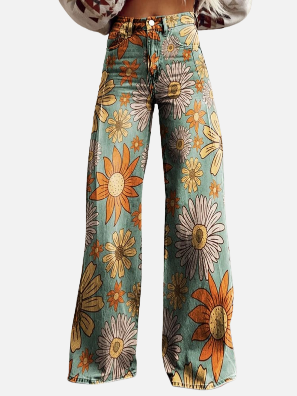 Dames jeans met wijde pijpen en bloemenprint