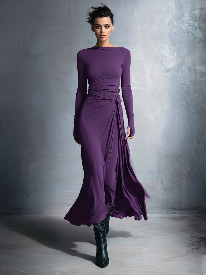 Dames Grijze Exquisite Stretch Gemengde Stof Wikkeljurk - Geknoopte Maxi Jurk