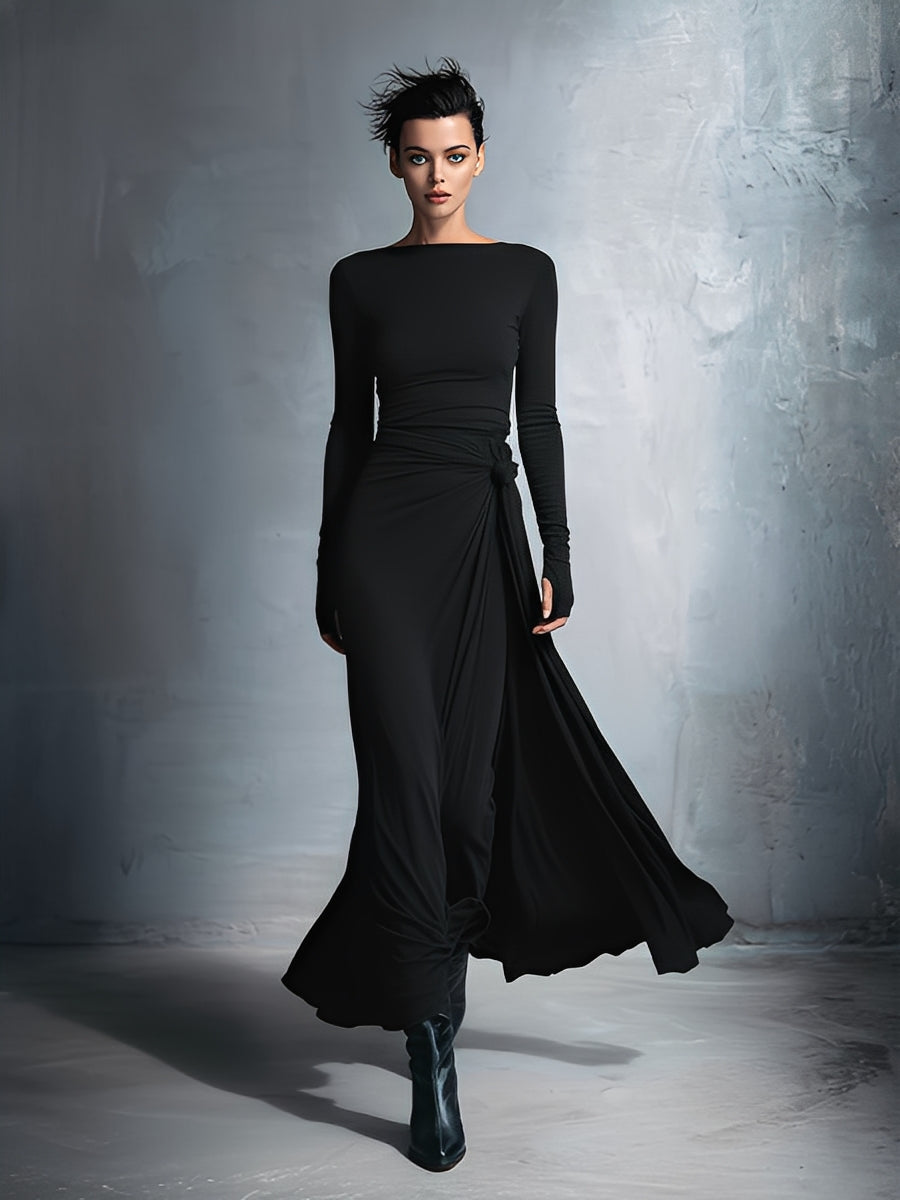 Dames Grijze Exquisite Stretch Gemengde Stof Wikkeljurk - Geknoopte Maxi Jurk
