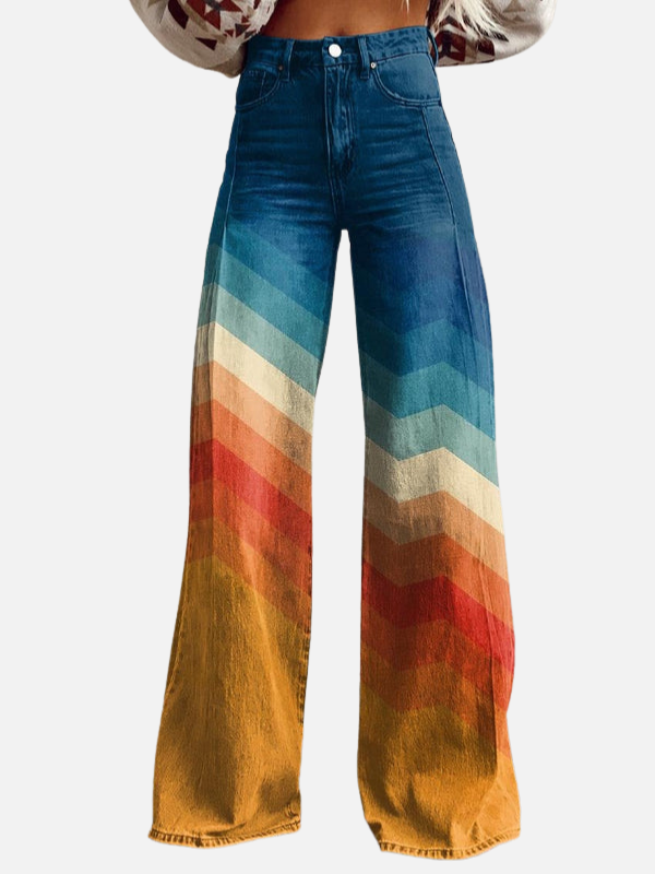 Dames Wijde Retro Broek met Zigzagpatroon en Zakken
