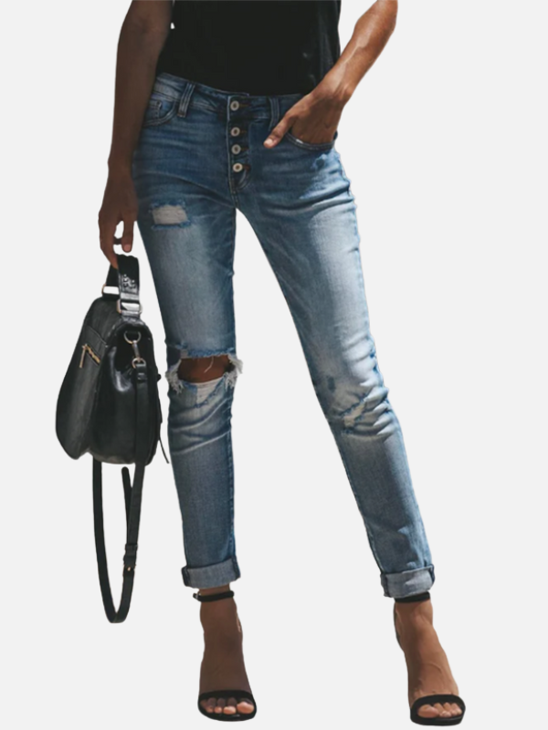 Dames Jeans in Lichte Wasbeurt met Scheuren en Knopsluiting