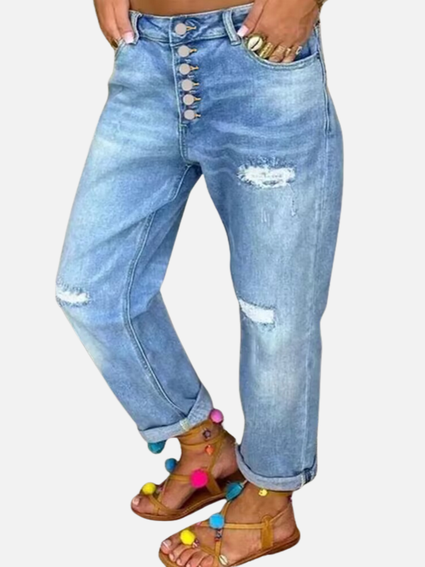 Dames Denim Jeans met Scheuren en Omgeslagen Zoom