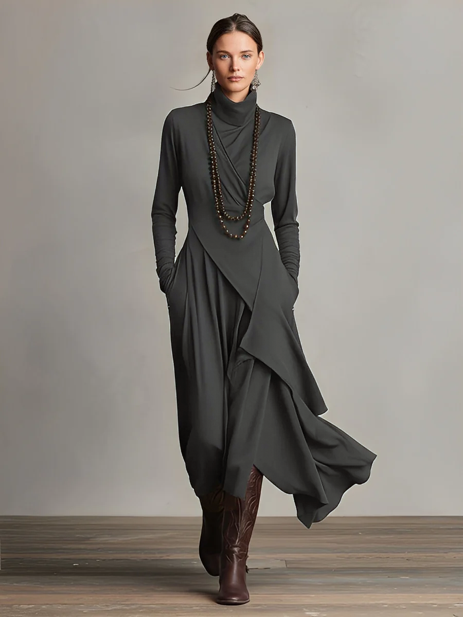 Dames Paarse Boheemse Katoenen Stretch Col Asymmetrische Geplooide Maxi Jurk