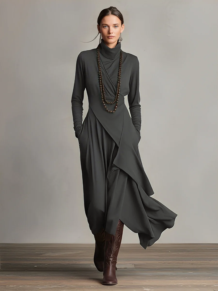 Dames Paarse Boheemse Katoenen Stretch Col Asymmetrische Geplooide Maxi Jurk