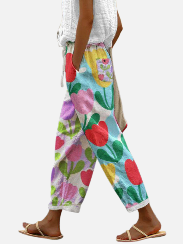 Dames linnen broek met wijde pijpen en zakken