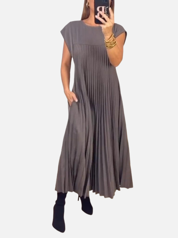 Sara | Plissé Maxi-Jurk met Ronde Hals