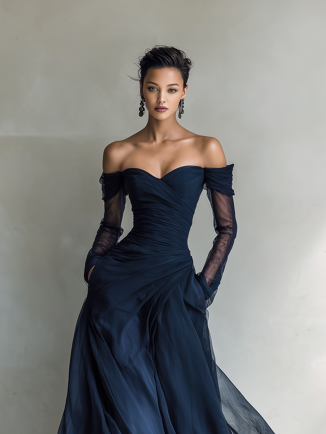 Dames Elegante Donkerblauwe Chiffon Organza Off-Shoulder Lange Mouwen Aansluitende Maxi Jurk
