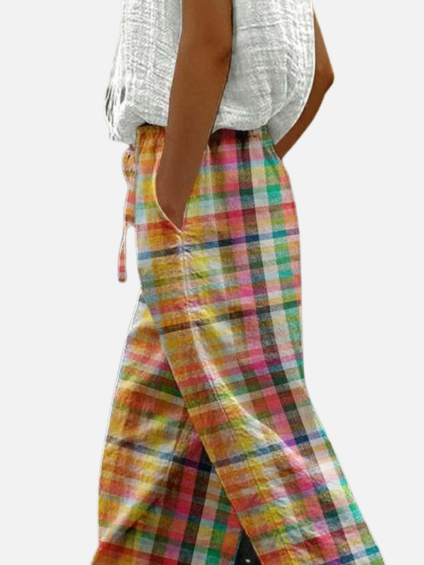 Dames geruite broek met koord in de taille en zijzakken