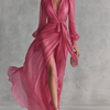 Vrouwen Elegante Roze Parels Chiffon V-hals Taille-tie Lange Jurk