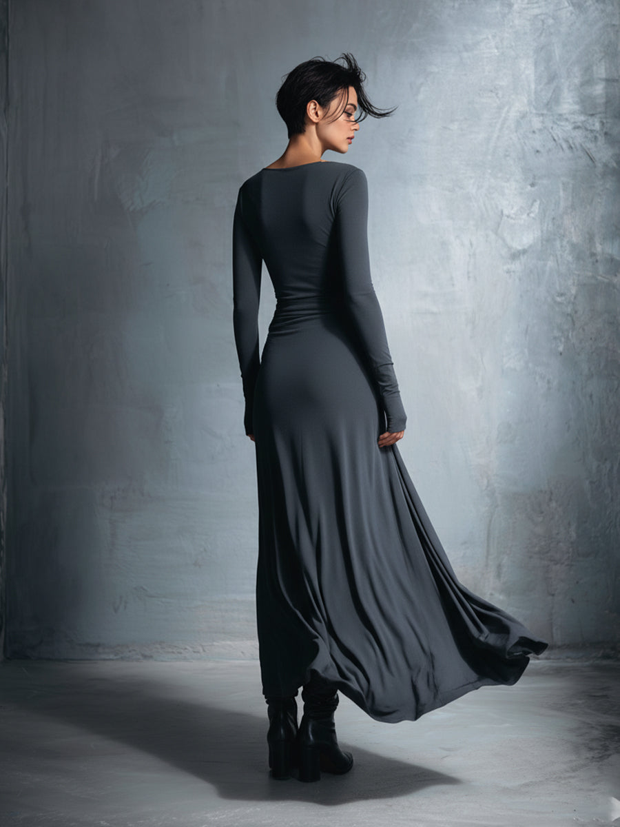 Dames Grijze Exquisite Stretch Gemengde Stof Wikkeljurk - Geknoopte Maxi Jurk