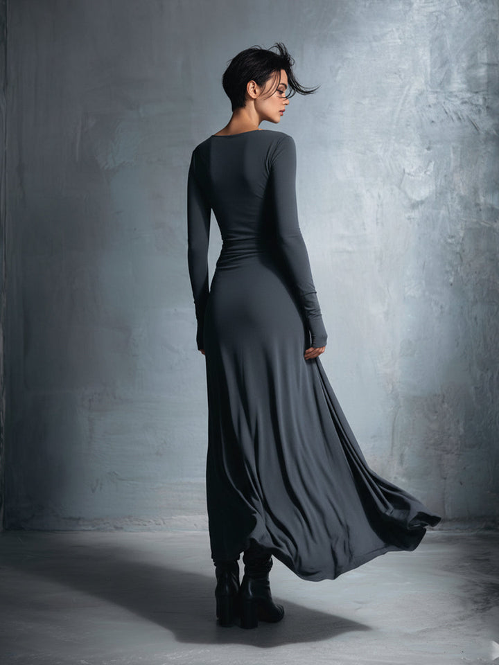 Dames Grijze Exquisite Stretch Gemengde Stof Wikkeljurk - Geknoopte Maxi Jurk
