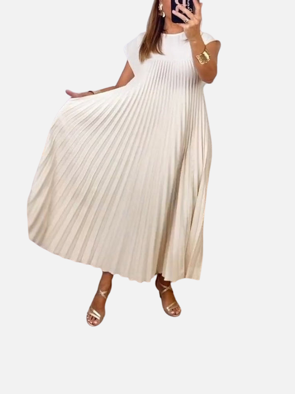 Sara | Plissé Maxi-Jurk met Ronde Hals