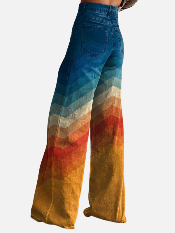 Dames Wijde Retro Broek met Zigzagpatroon en Zakken