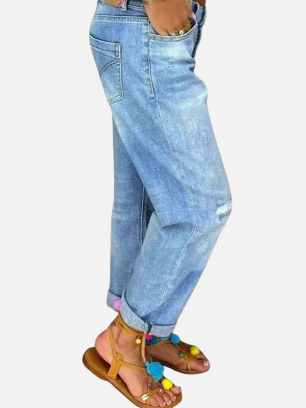 Dames Denim Jeans met Scheuren en Omgeslagen Zoom