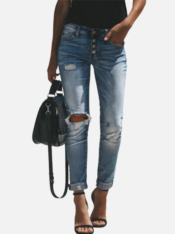Dames Jeans in Lichte Wasbeurt met Scheuren en Knopsluiting
