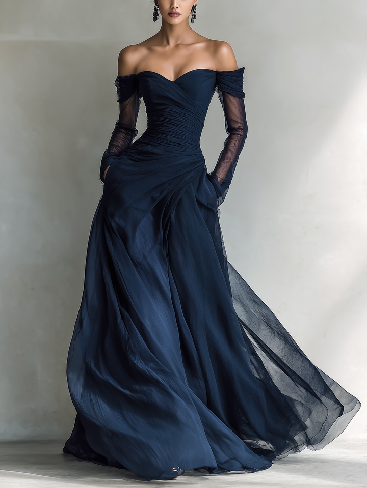 Dames Elegante Donkerblauwe Chiffon Organza Off-Shoulder Lange Mouwen Aansluitende Maxi Jurk