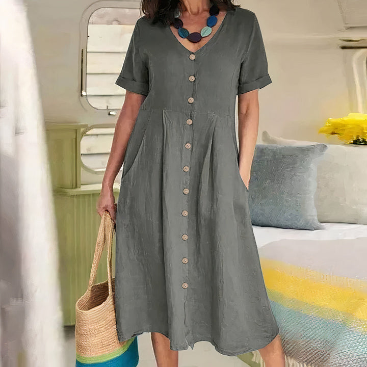 V-hals Midi-Jurk met Knopen voor Dames