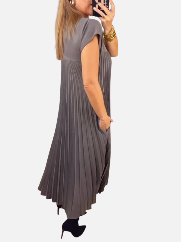 Sara | Plissé Maxi-Jurk met Ronde Hals