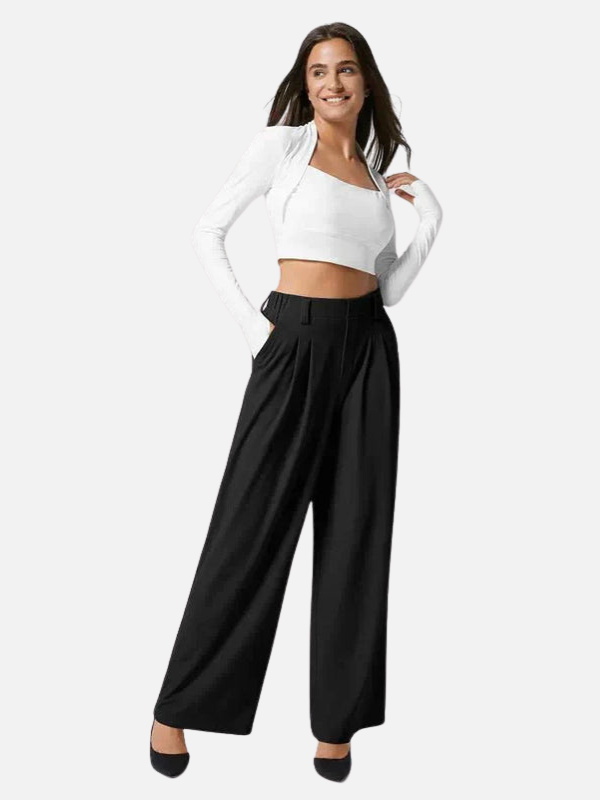 Dames High-Waist Wijde Pantalon met Plissé-Voorkant en Ceintuurdetaillering