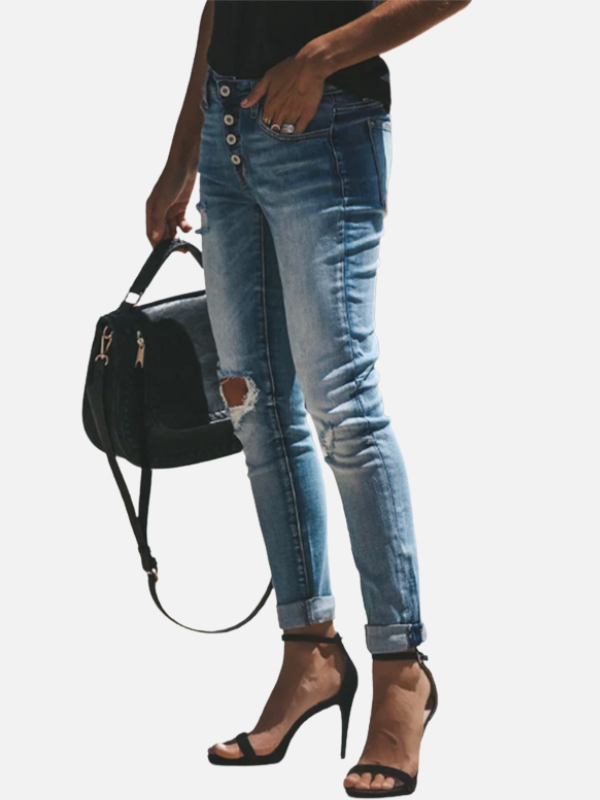 Dames Jeans in Lichte Wasbeurt met Scheuren en Knopsluiting