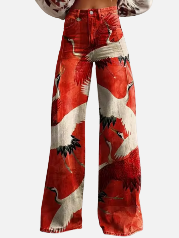 Dames All-Seizoen Baggy Denim Jeans met Prints en Hoge Taille