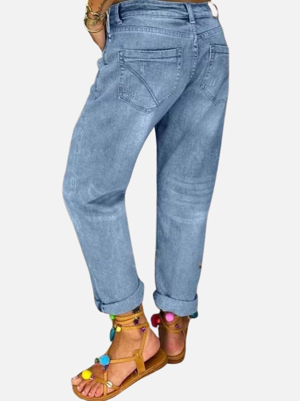 Dames Denim Jeans met Scheuren en Omgeslagen Zoom