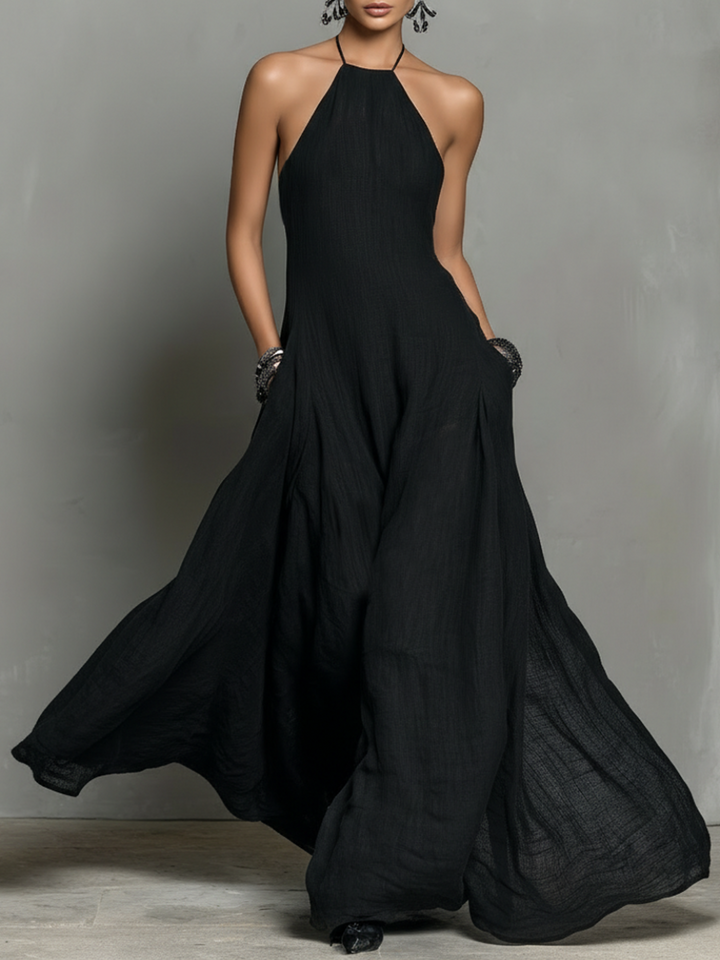 Vrouwen Minimalistische Linnenmix Halter Nek Mouwloze Maxi Jurk