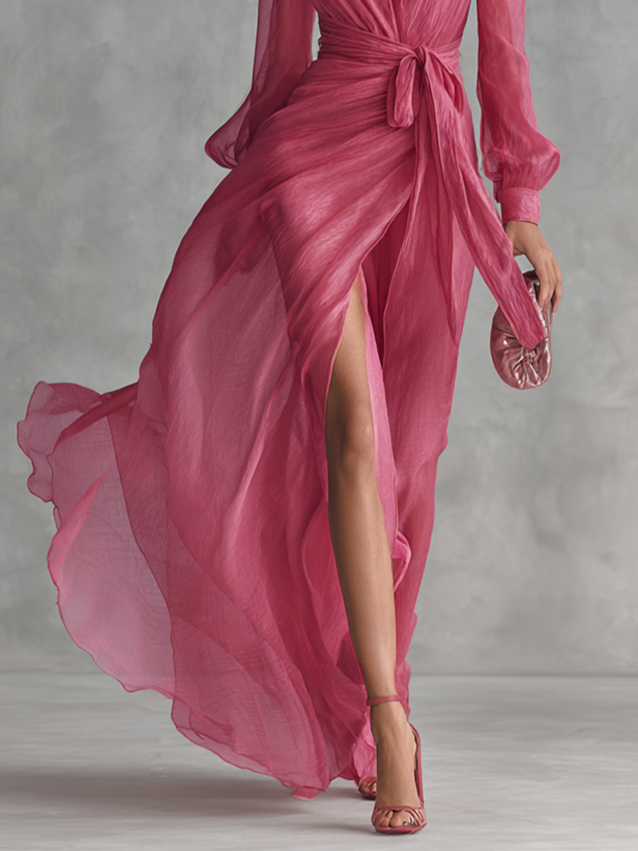 Vrouwen Elegante Roze Parels Chiffon V-hals Taille-tie Lange Jurk