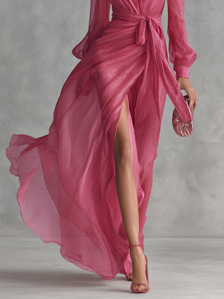 Vrouwen Elegante Roze Parels Chiffon V-hals Taille-tie Lange Jurk