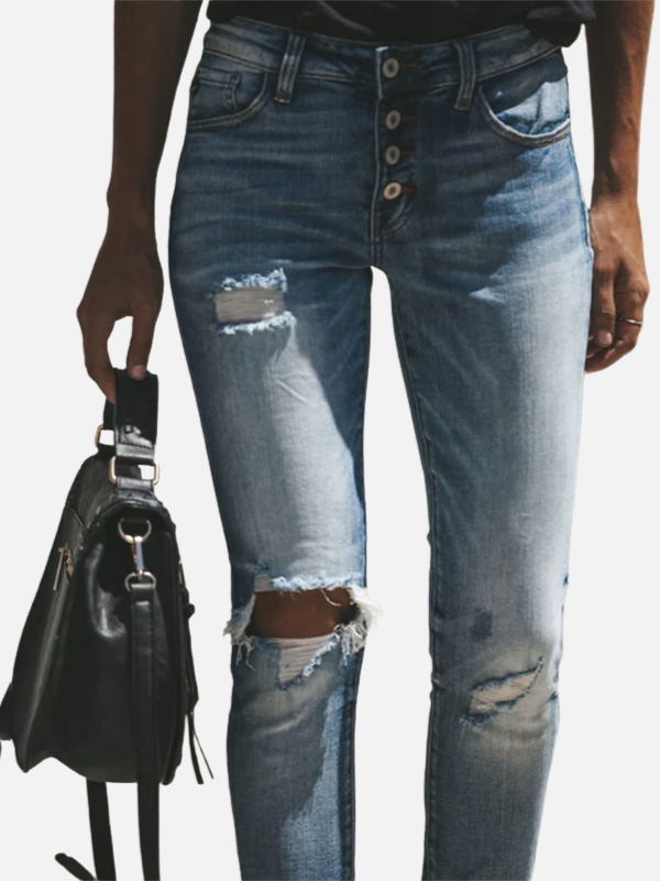 Dames Jeans in Lichte Wasbeurt met Scheuren en Knopsluiting