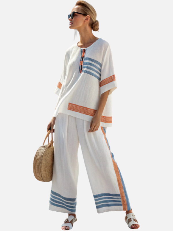 Sara | Linnen Set met Gestreepte Top en Broek