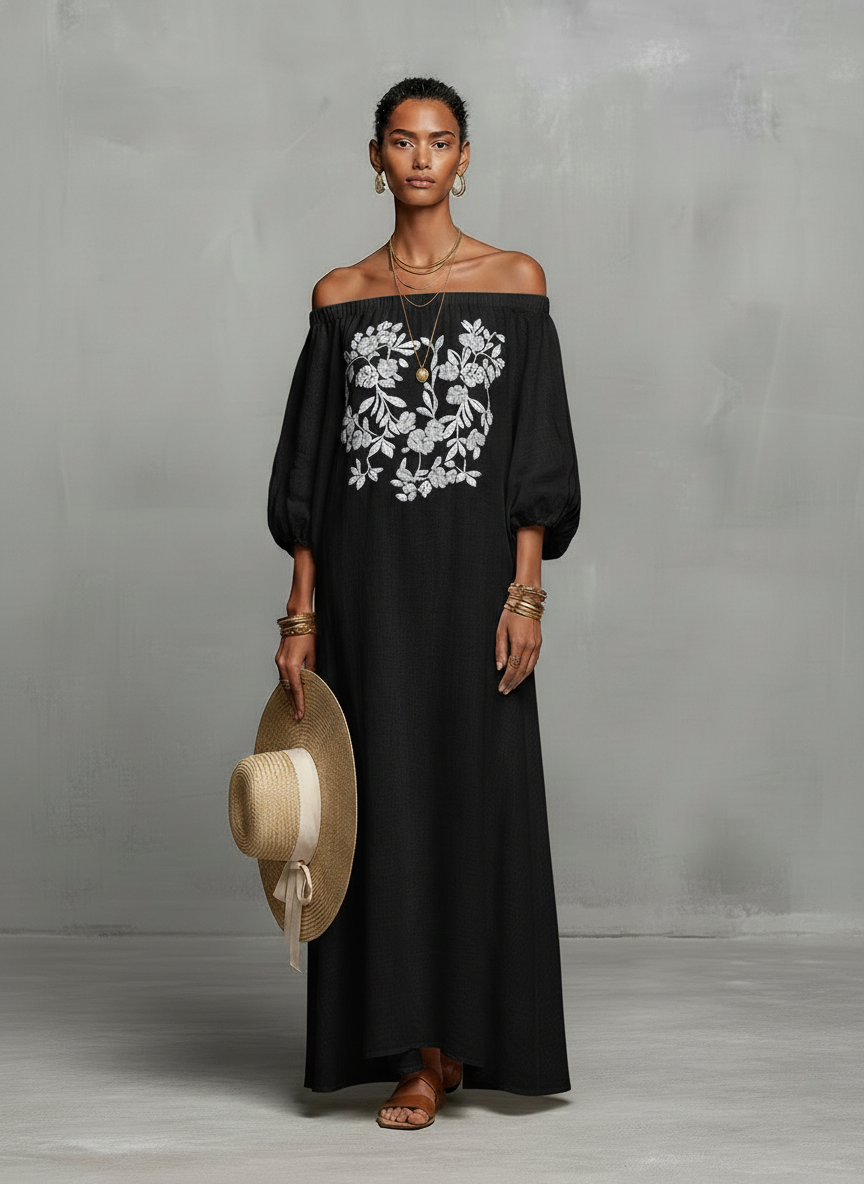 Vrouwen Minimalistische Off-shoulder Driekwart Mouw Geborduurde Maxi Jurk
