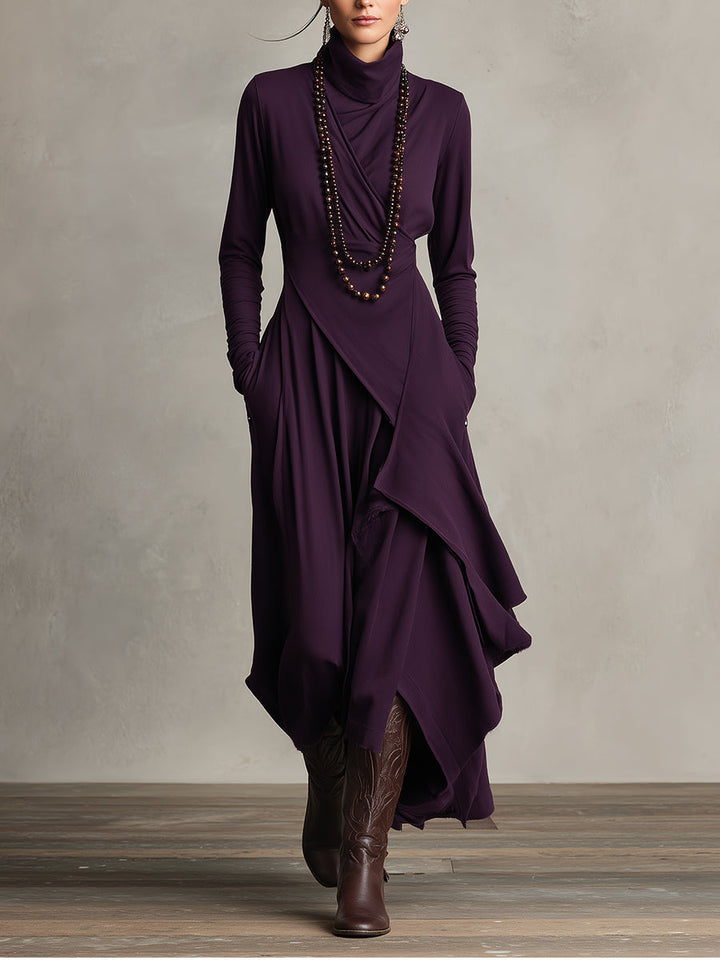 Dames Paarse Boheemse Katoenen Stretch Col Asymmetrische Geplooide Maxi Jurk