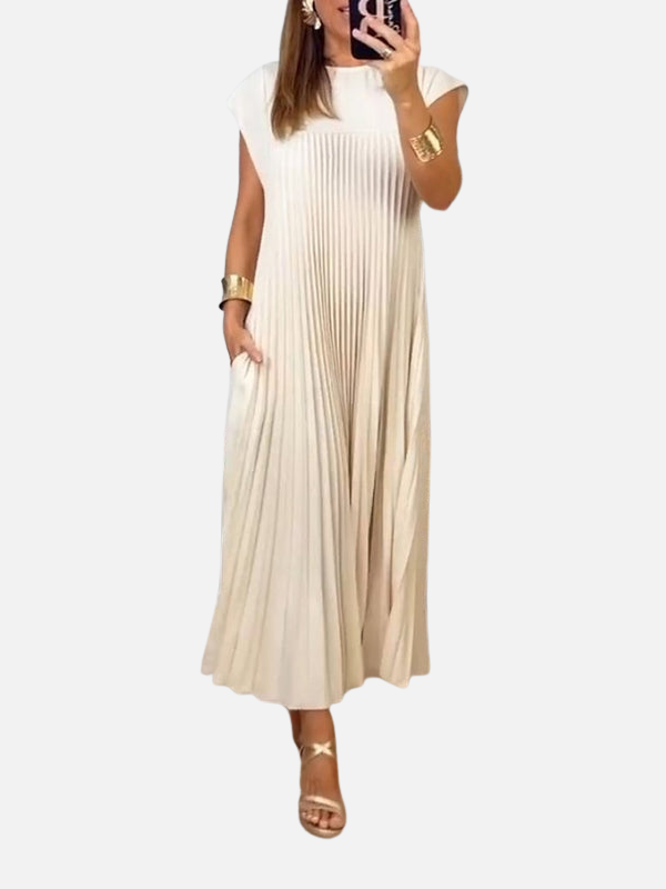 Sara | Plissé Maxi-Jurk met Ronde Hals