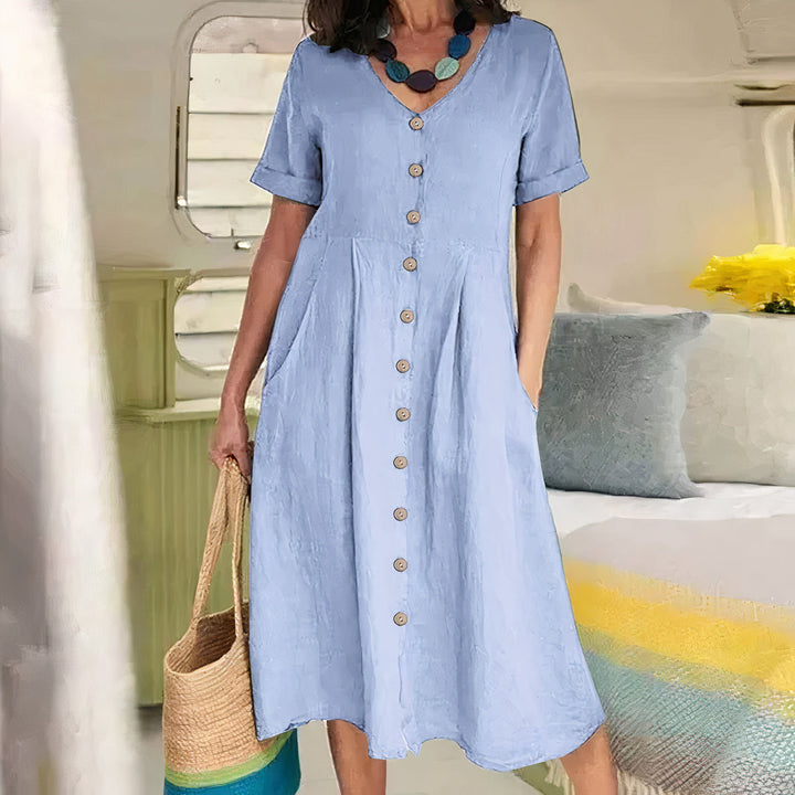 V-hals Midi-Jurk met Knopen voor Dames