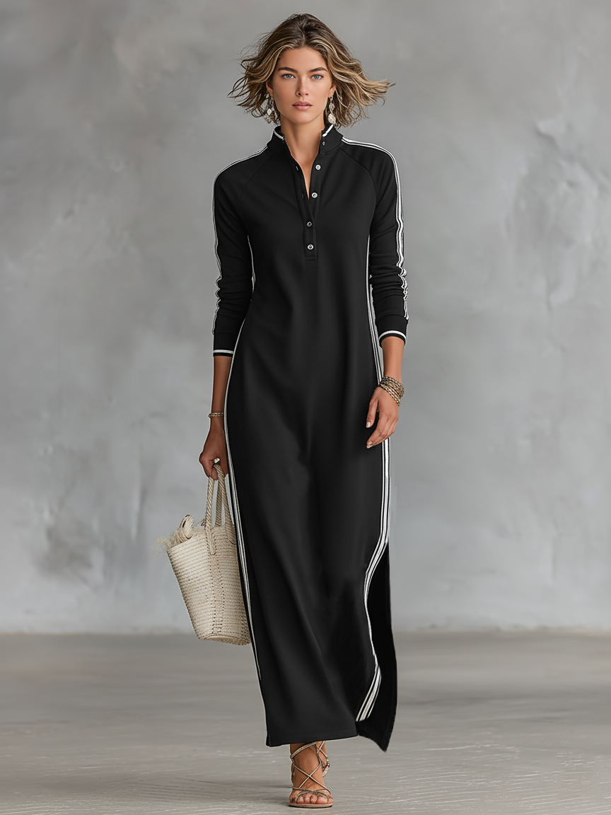 Dames Minimalistische Sweatshirt Maxi Jurk met Witte Bies en Knopenkraag