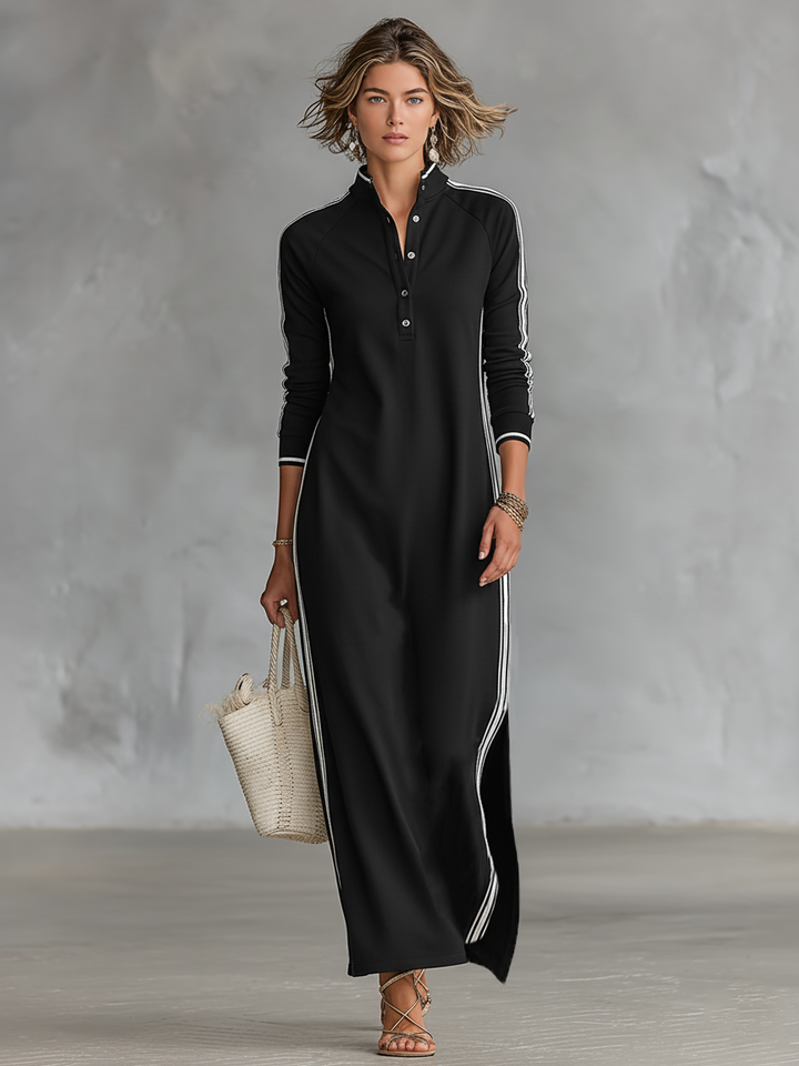 Dames Minimalistische Sweatshirt Maxi Jurk met Witte Bies en Knopenkraag